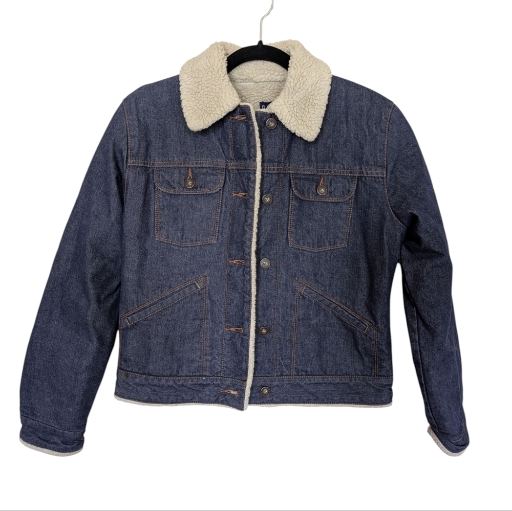 GAP Dark Blue Denim Jacket with Cream Sherpa Collar
